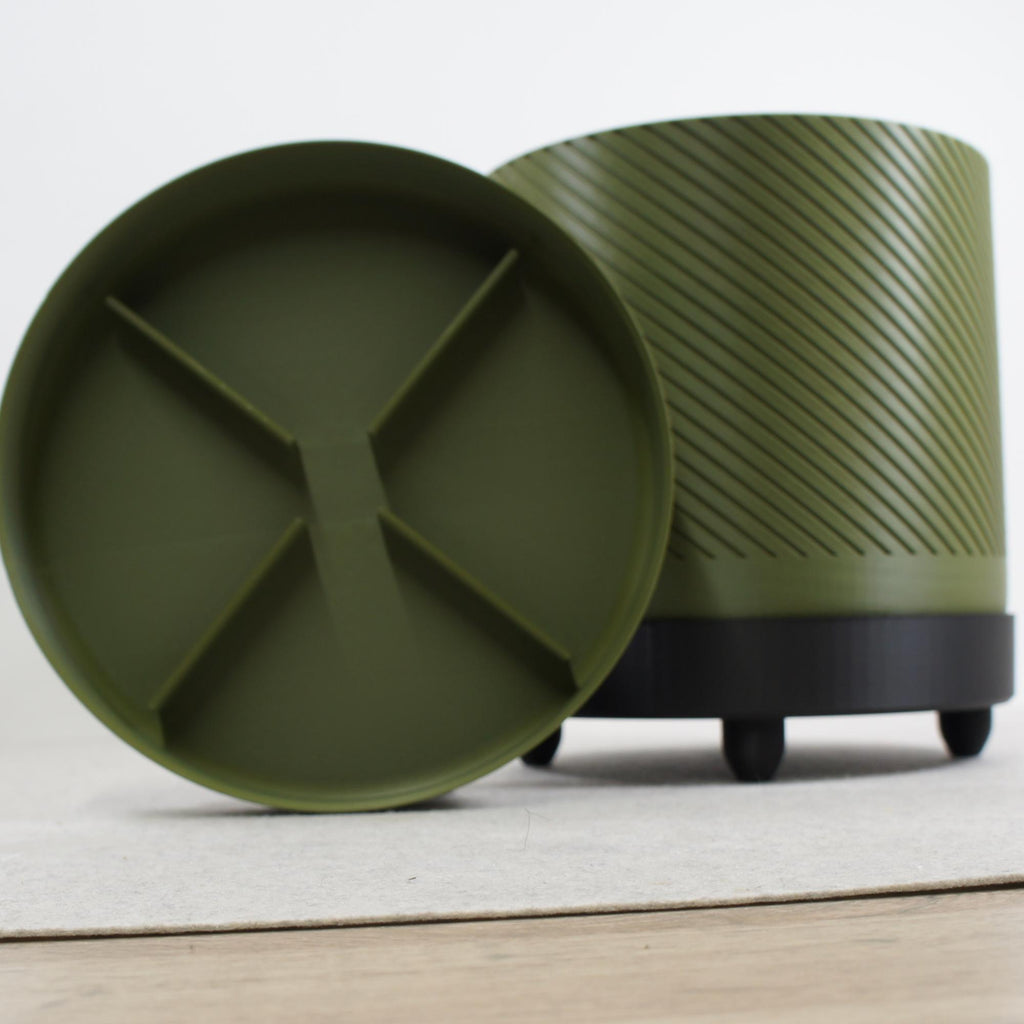 Army Green Spiral Groove Plant Pot - 18cm - with Drip Tray and Feet