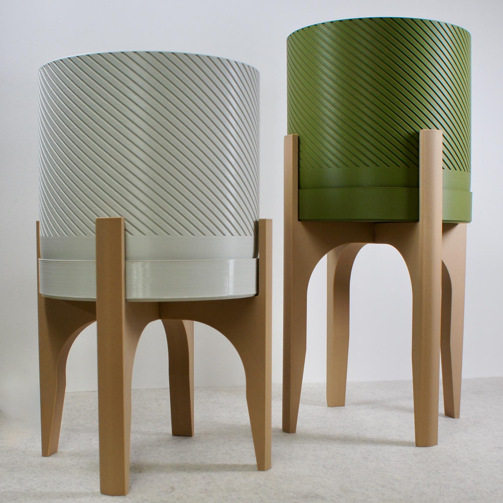 Spiral Groove Plant Pot with Wood-infused Stand - 18cm - Modern Indoor Planter