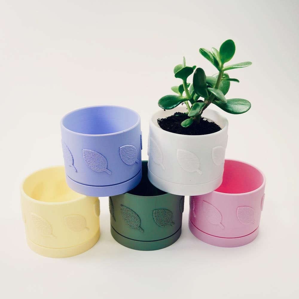 Small Embossed Leaf Plant Pot with Drip Tray - 9cm