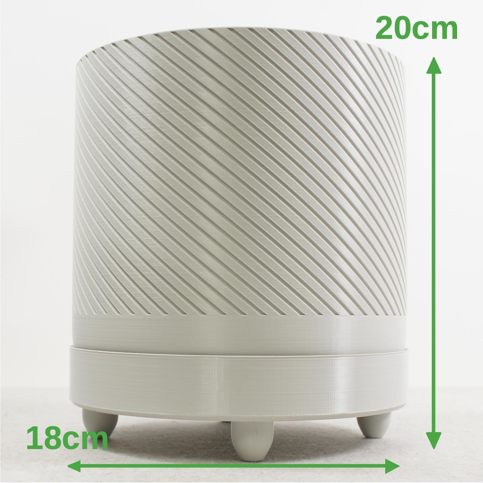 Industrial Style : Light Grey : Spiral Groove Plant Pot 18cm with Feet and Drip Tray