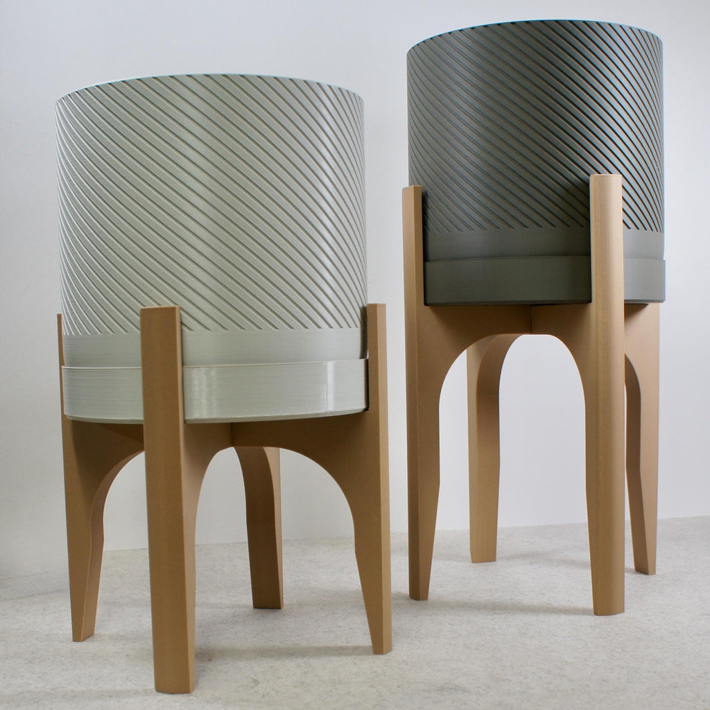 Spiral Groove Plant Pot with Wood-infused Stand - 18cm - Modern Indoor Planter