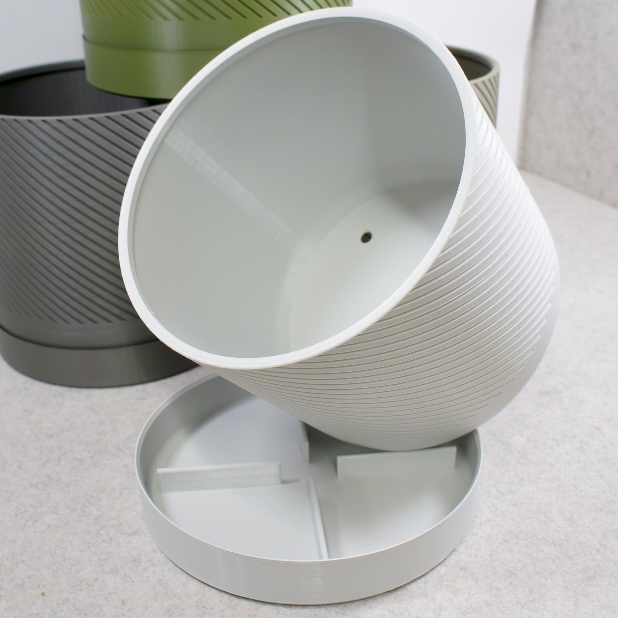 Spiral Groove Plant Pot with Wood-infused Stand - 18cm - Modern Indoor Planter