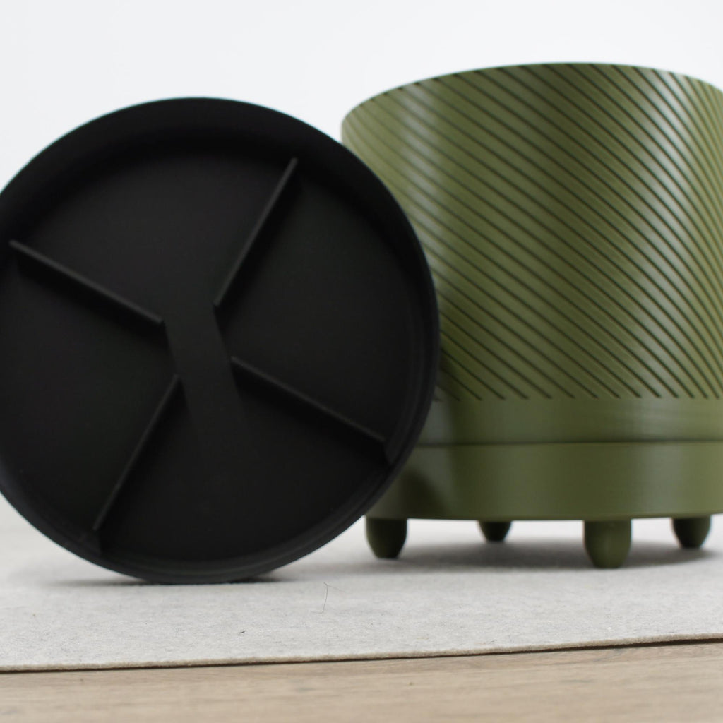 Army Green Spiral Groove Plant Pot - 18cm - with Drip Tray and Feet