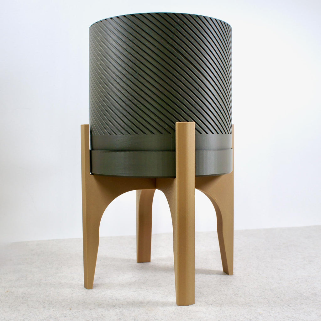 Spiral Groove Plant Pot with Wood-infused Stand - 18cm - Modern Indoor Planter