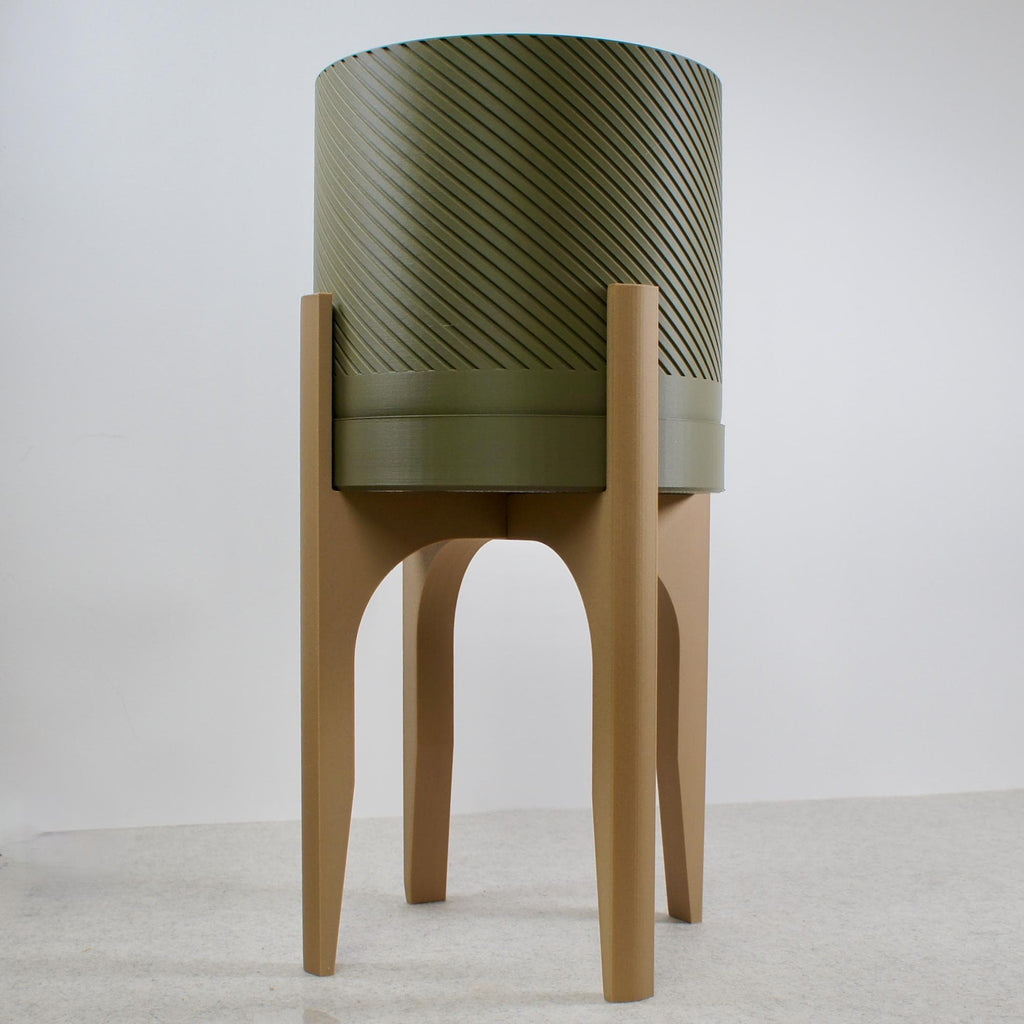 Spiral Groove Plant Pot with Wood-infused Stand - 18cm - Modern Indoor Planter