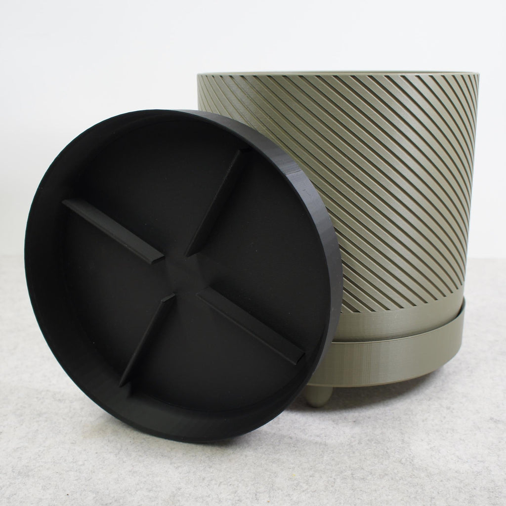 Moss Green Spiral Groove Plant Pot - 18cm - includes drip tray and feet