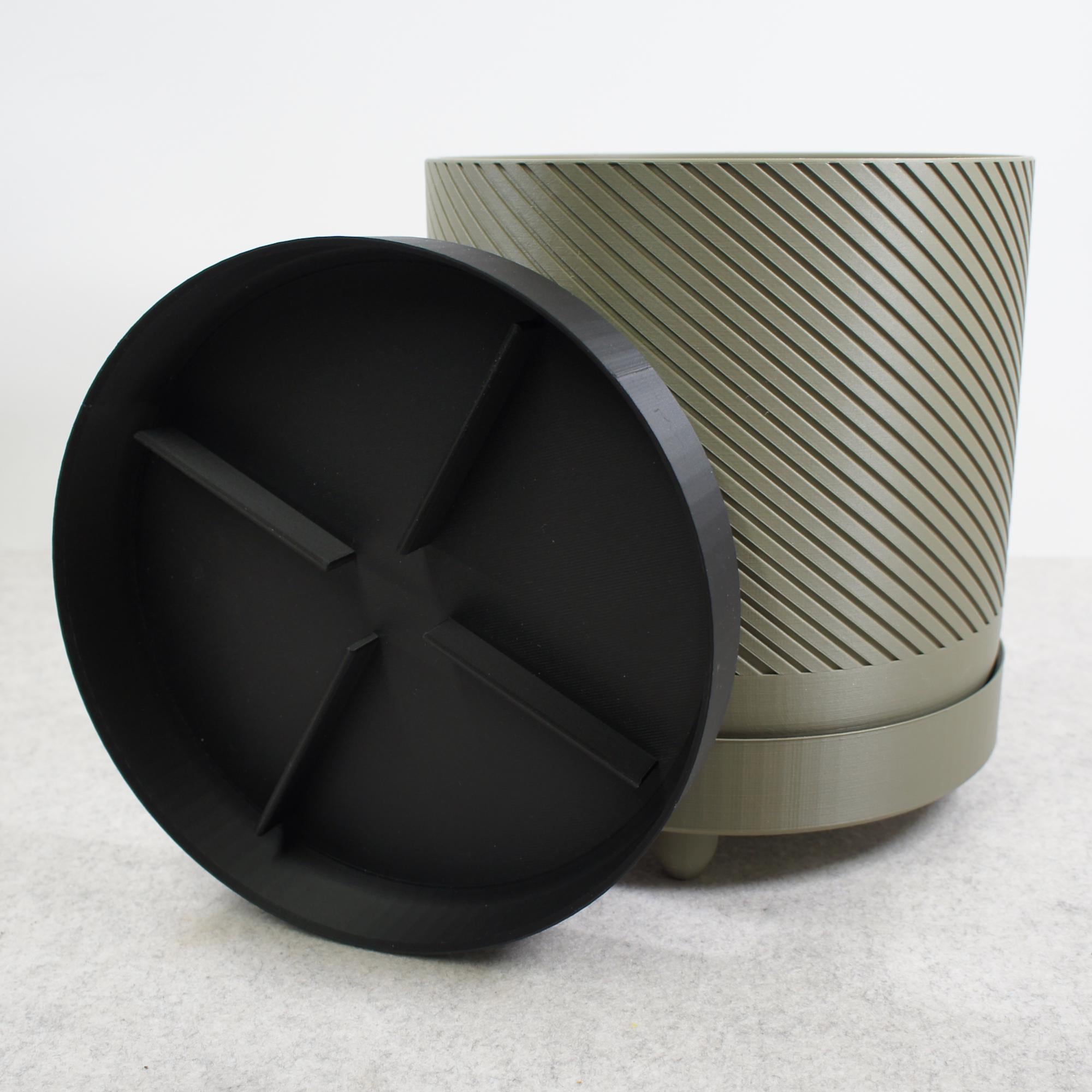 Moss Green Spiral Groove Plant Pot - 18cm - includes drip tray and feet