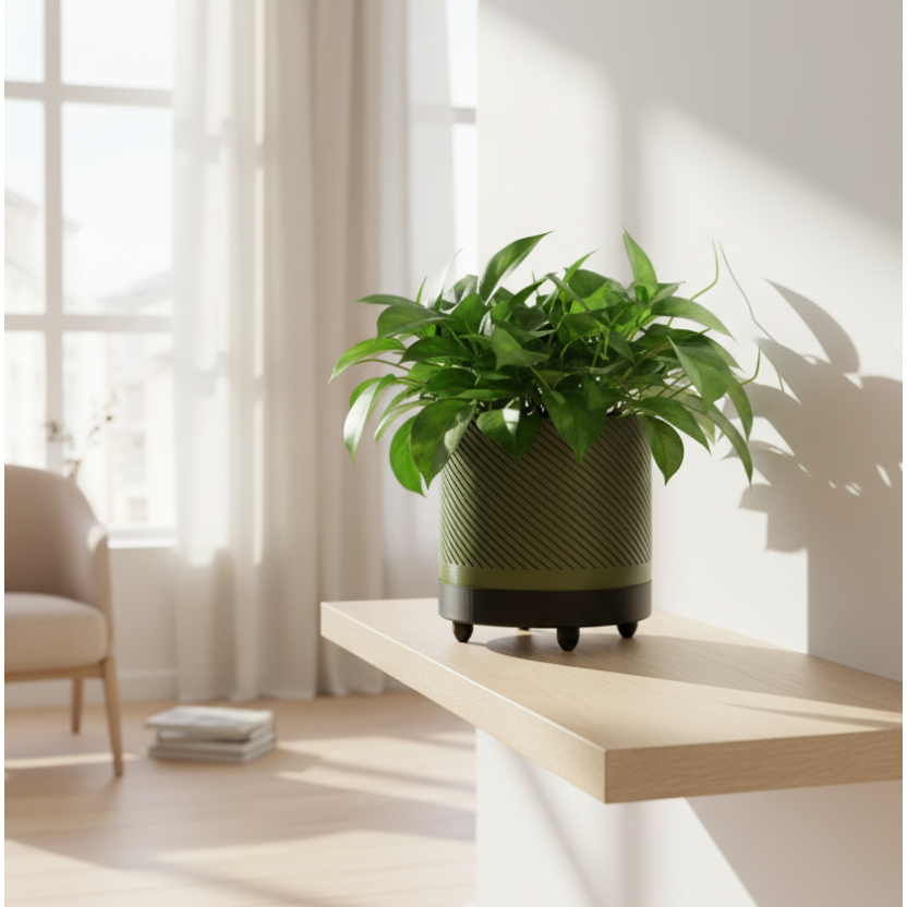 Army Green Spiral Plant Pot in bright, light-filled house