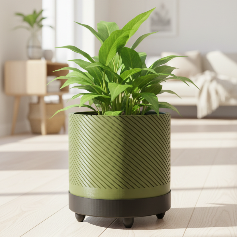 Army Green Spiral Plant Pot - prominent in bright, light-filled house