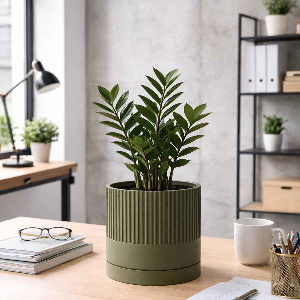 Green potted plant on a desk with office supplies in a modern office setting