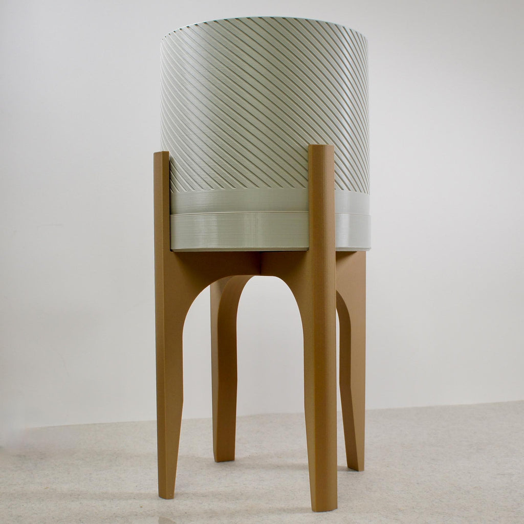 Spiral Groove Plant Pot with Wood-infused Stand - 18cm - Modern Indoor Planter