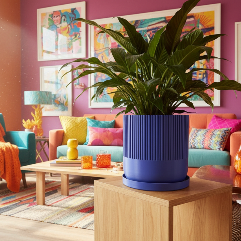 Berry Purple plant pot in colourful lounge room