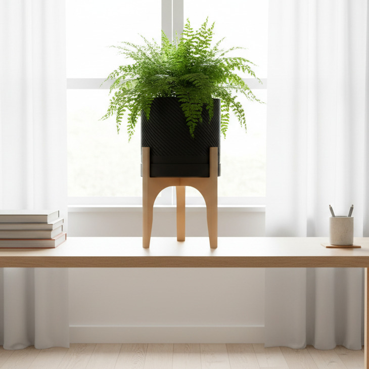 Black spiral groove plant pot in light-filled study