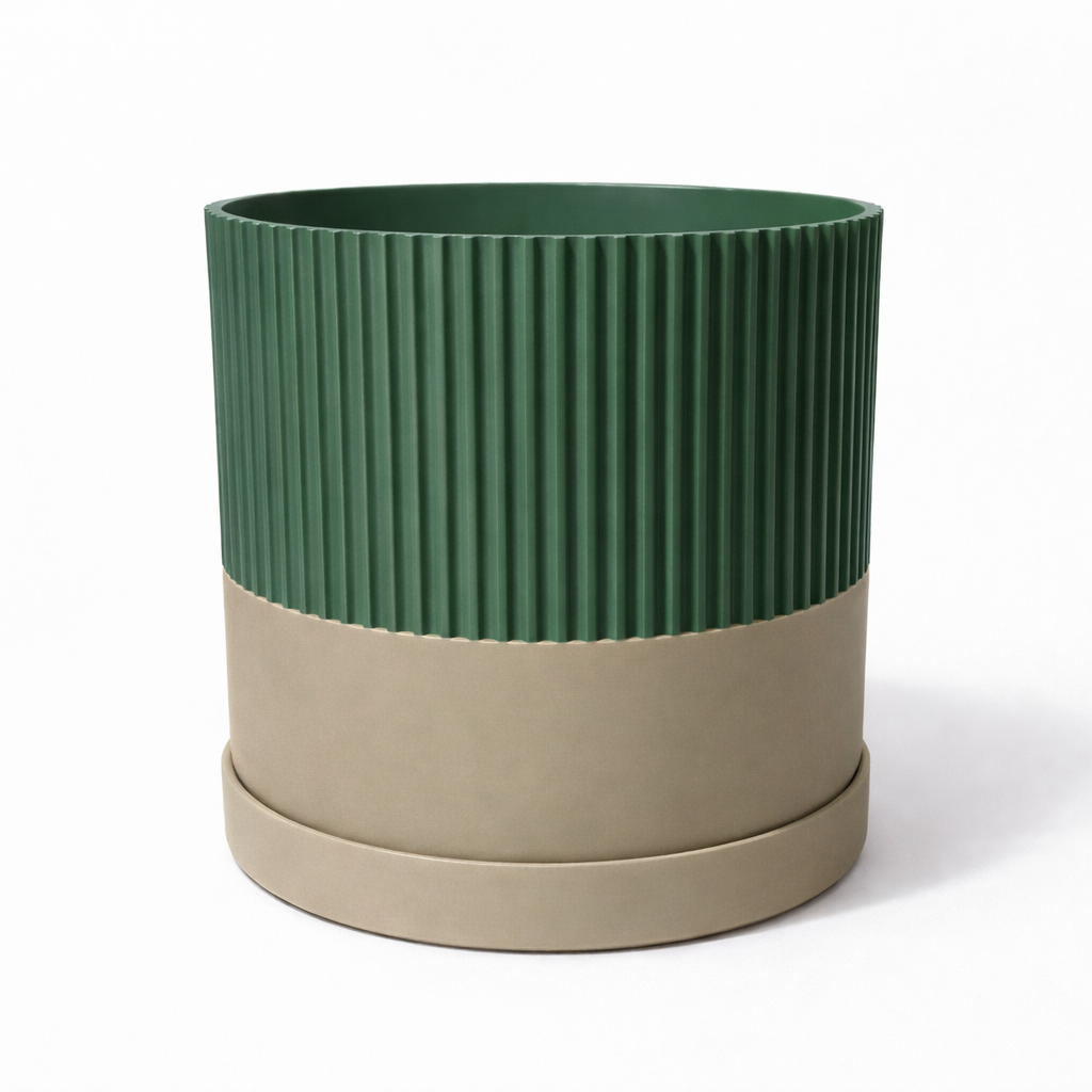 Ribbed Two-Tone Pillar Planter | Modern Indoor Plant Pot with Drip Tray