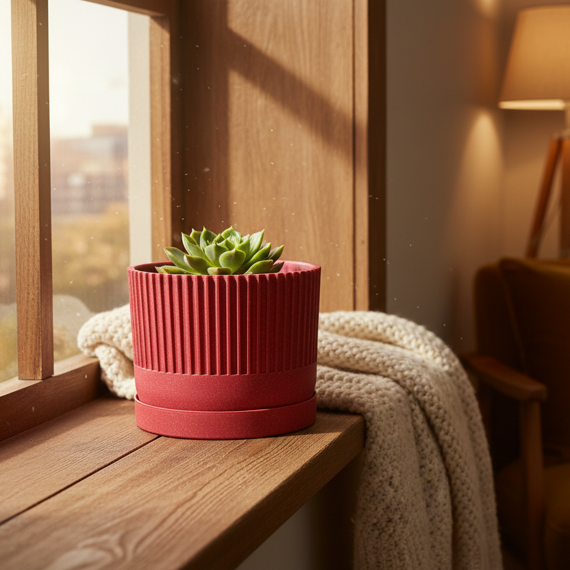 Cherry sparkle ribbed plant pot in warm cozy home