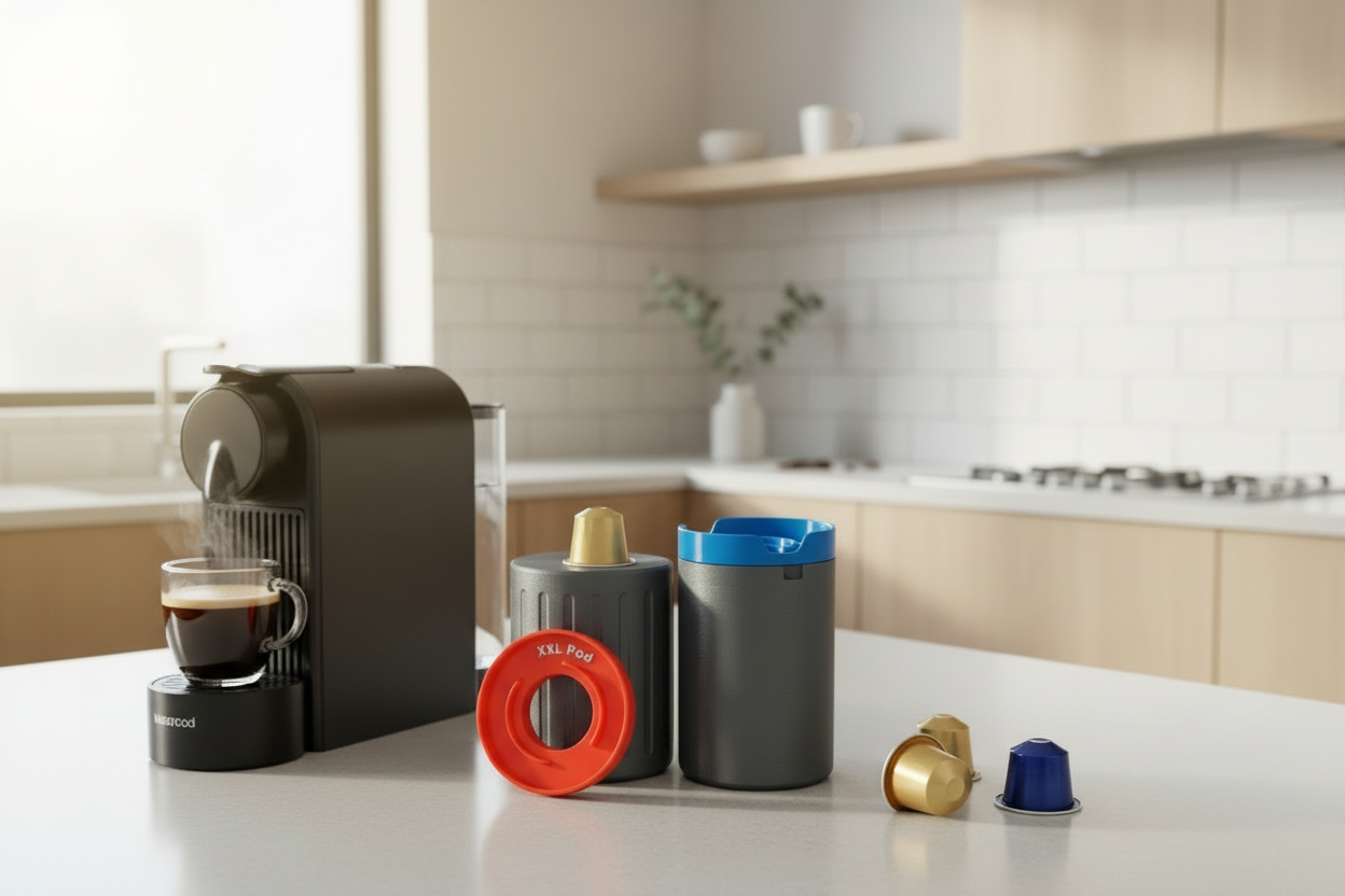 Coffee pod recycler tool in kitchen with coffee machine