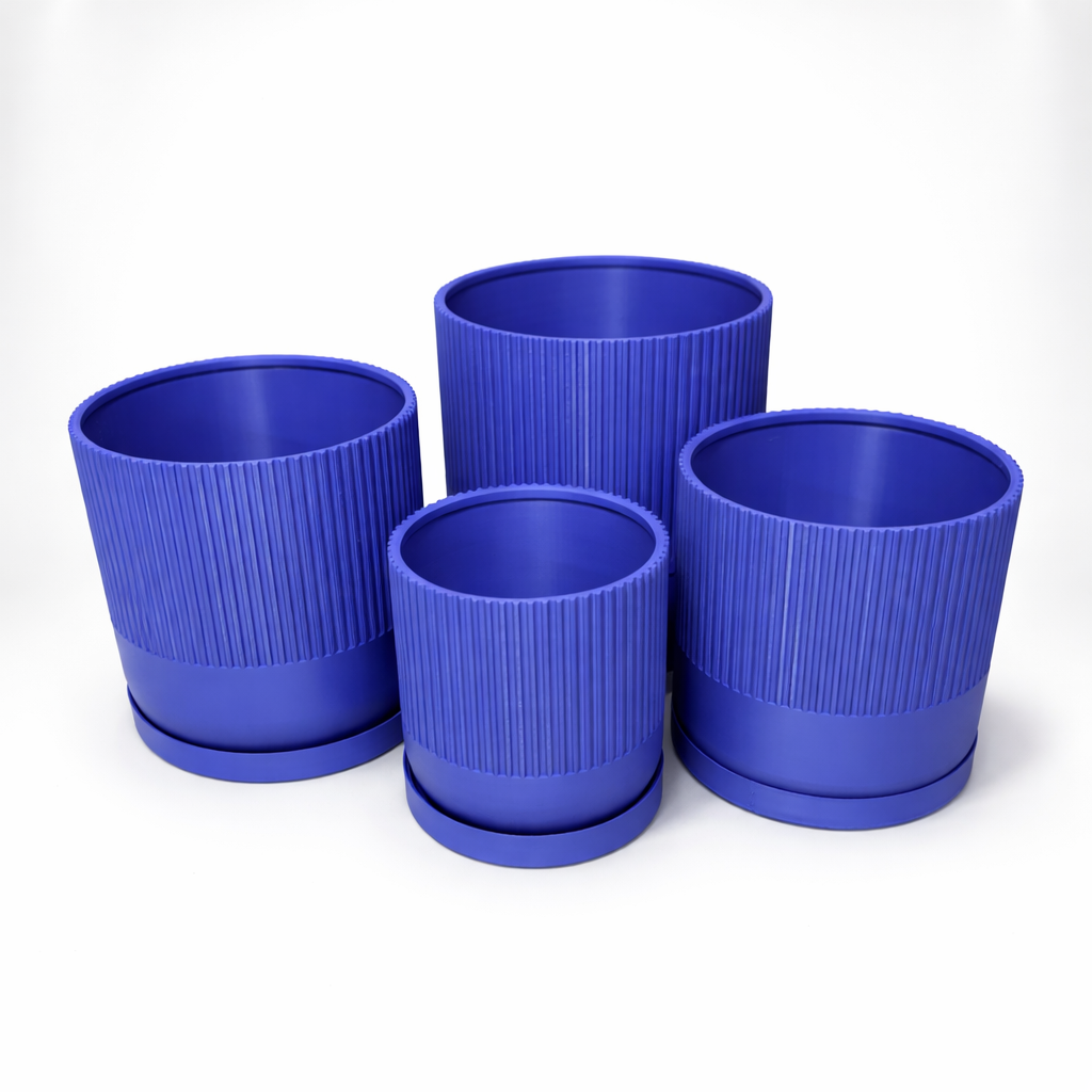 Ribbed Plant Pot with Tray - Berry Purple