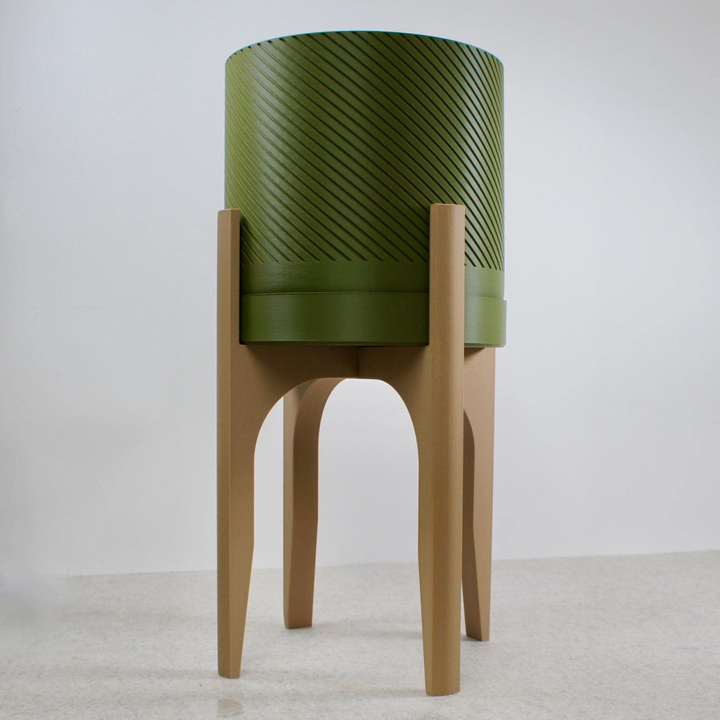 Spiral Groove Plant Pot with Wood-infused Stand - 18cm - Modern Indoor Planter