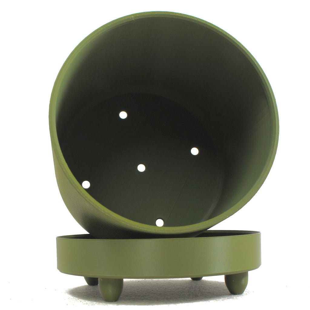 Army Green Spiral Groove Plant Pot - 18cm - with Drip Tray and Feet