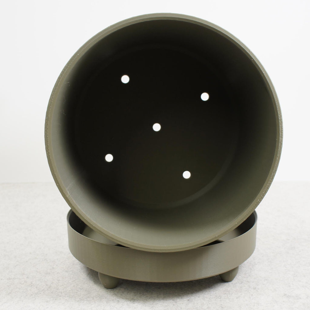 Moss Green Spiral Groove Plant Pot - 18cm - includes drip tray and feet