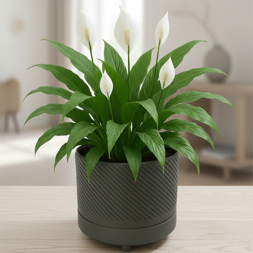 Industrial Grey Spiral Groove Plant Pot with complete plant in stylish setting