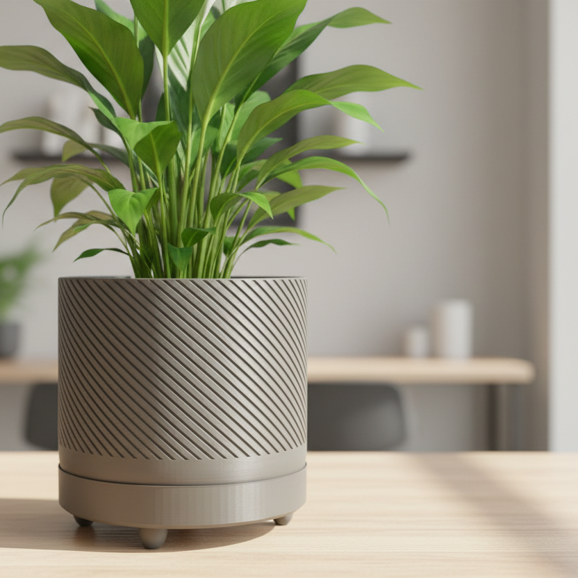 Industrial Grey Spiral Groove Plant Pot with plant in stylish setting