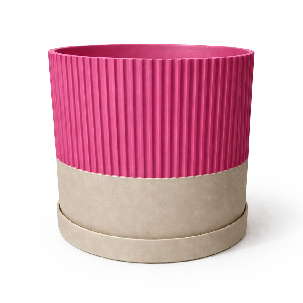 Ribbed Two-Tone Pillar Planter | Modern Indoor Plant Pot with Drip Tray