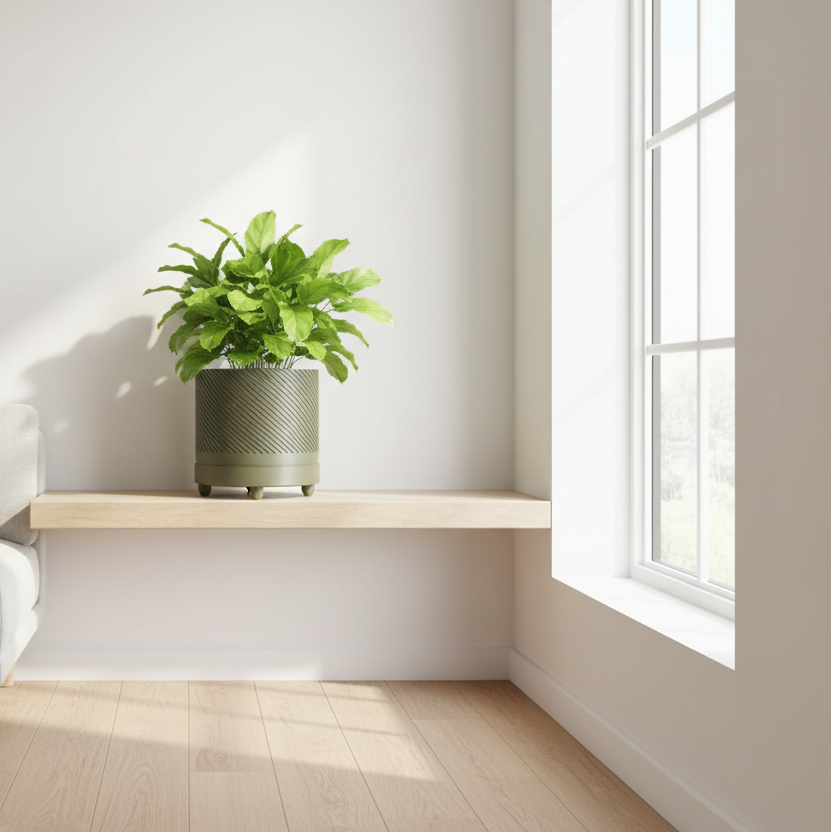 Moss Green Spiral Groove Plant Pot in stylish house setting