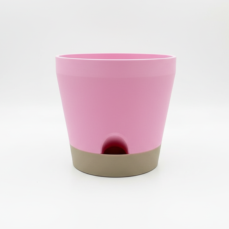 Pink Self-Watering Pot with beige base in white lightbox