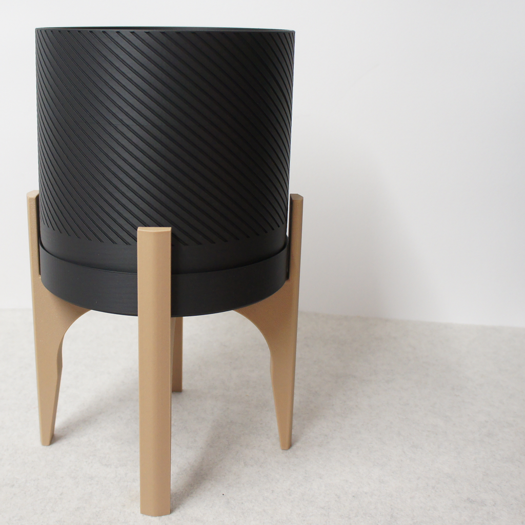 Spiral Groove Plant Pot with Wood-infused Stand - 18cm - Modern Indoor Planter