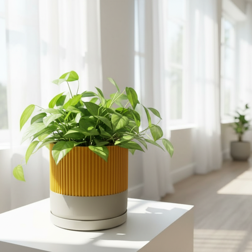 Ribbed two-tone pillar plant pot in light-filled home