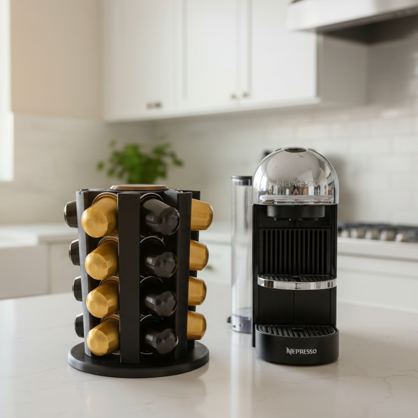 Rotating Nespresso Pod Holder - centered with coffee machine