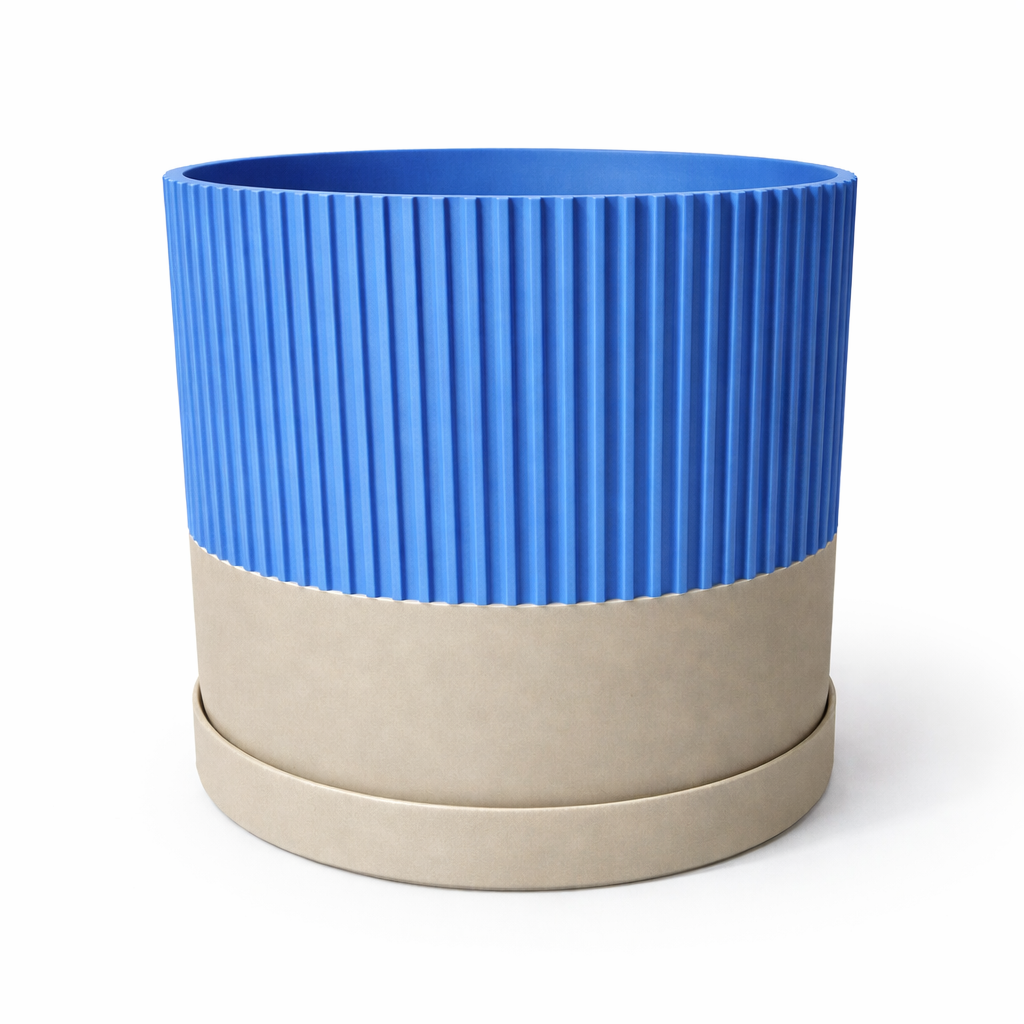 Ribbed Two-Tone Pillar Planter | Modern Indoor Plant Pot with Drip Tray