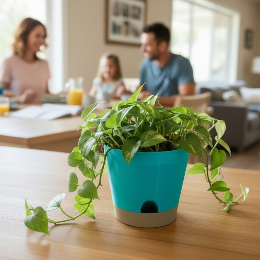 Self-watering plant pot in family home