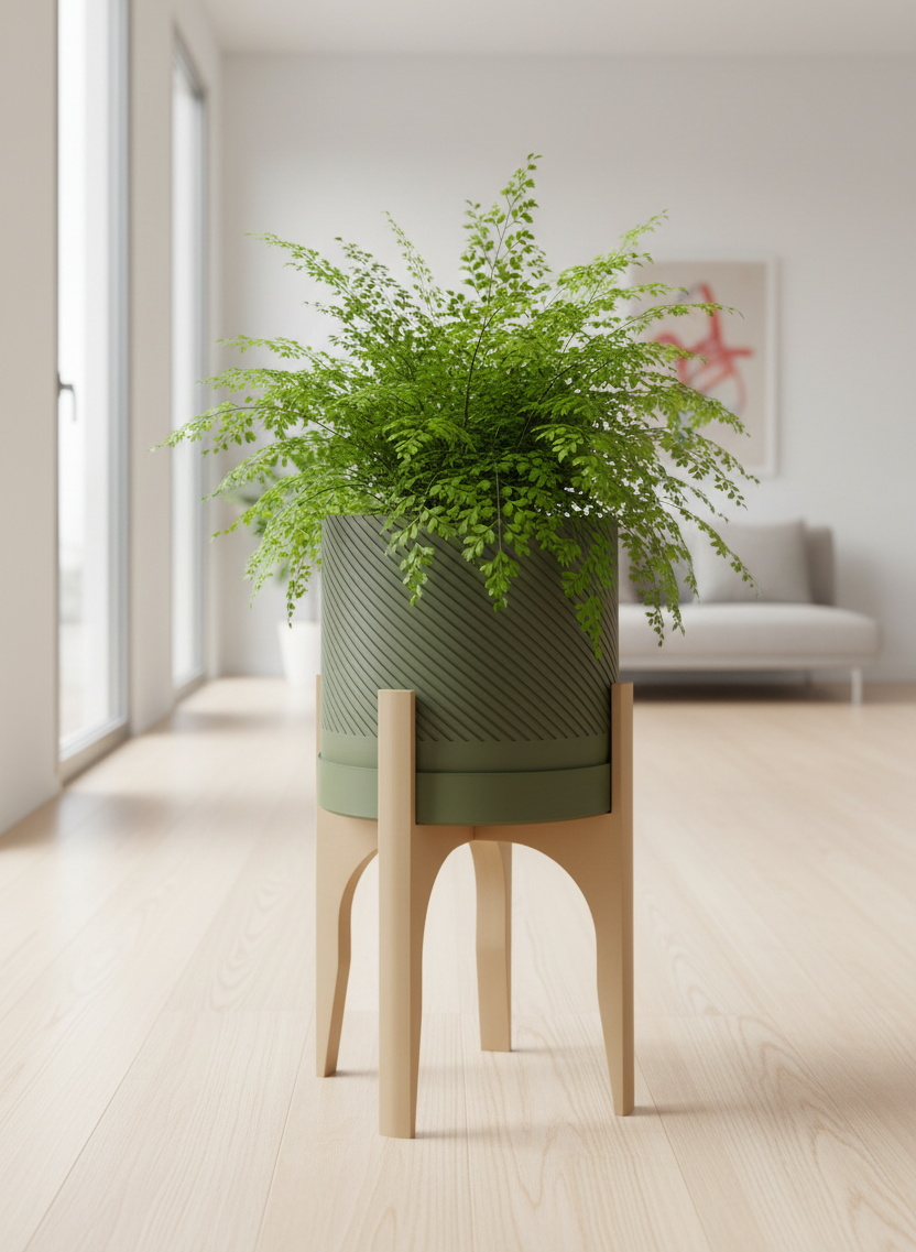 Spiral Groove Plant Pot with Wooden Stand in stylish setting