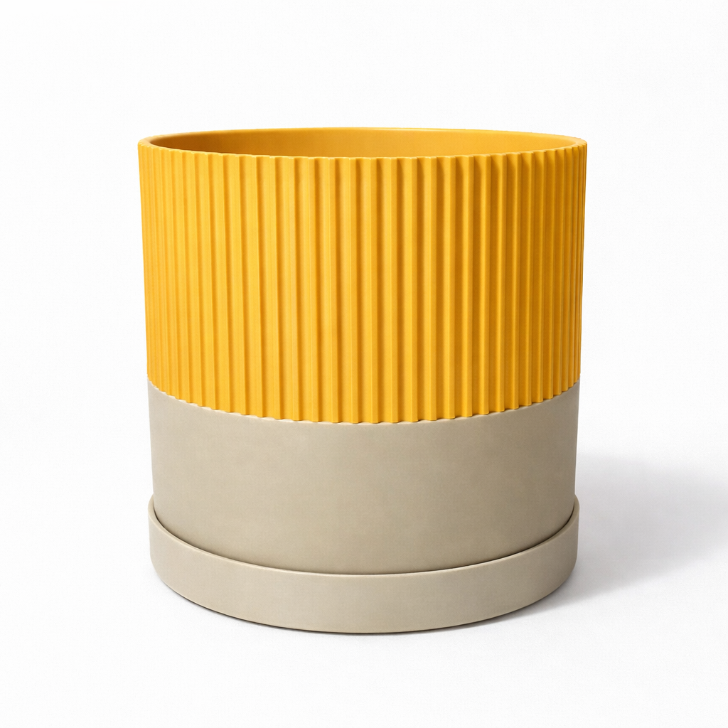 Ribbed Two-Tone Pillar Planter | Modern Indoor Plant Pot with Drip Tray
